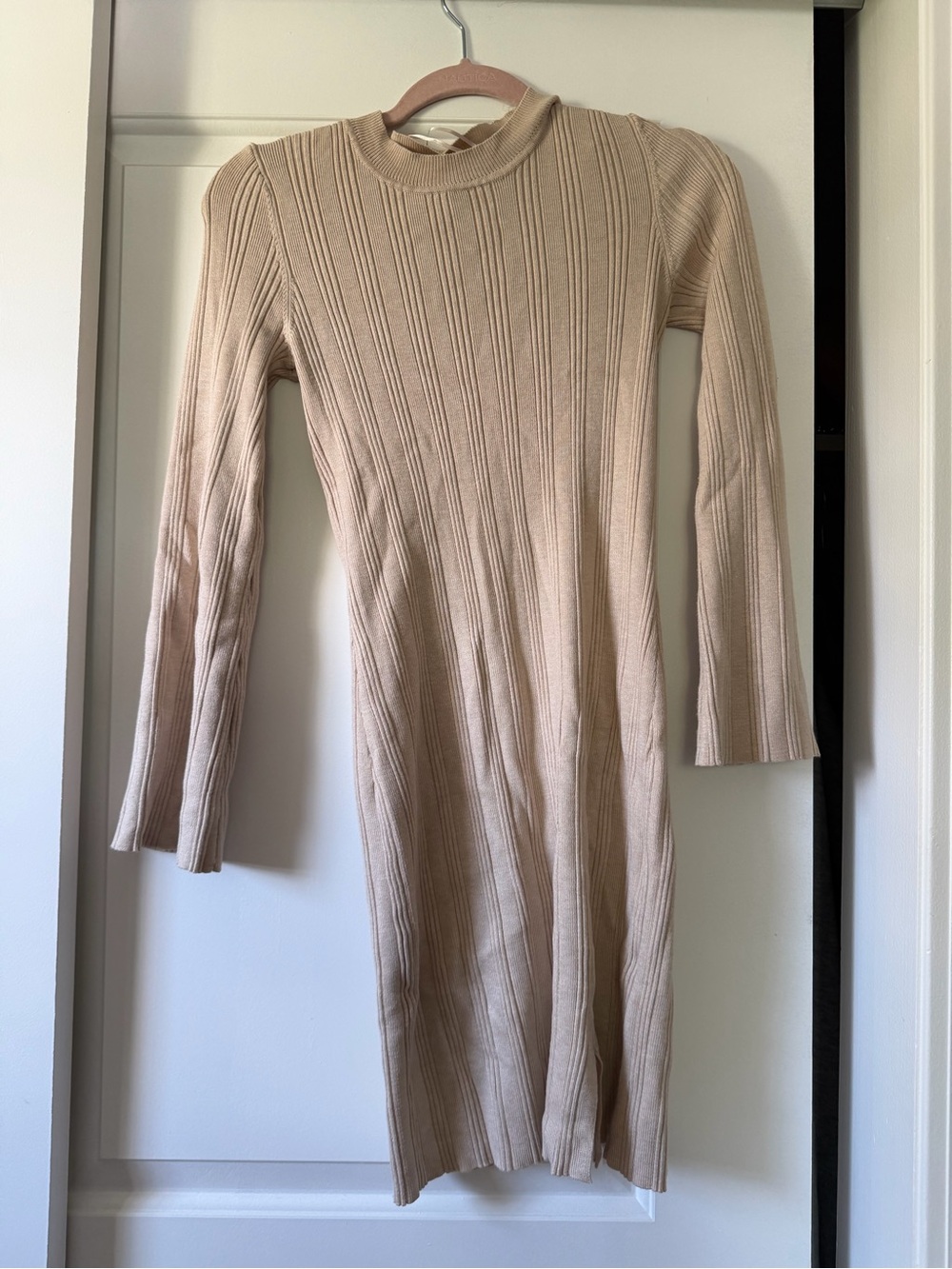 Beige Ribbed Long Sleeve Knit Dress